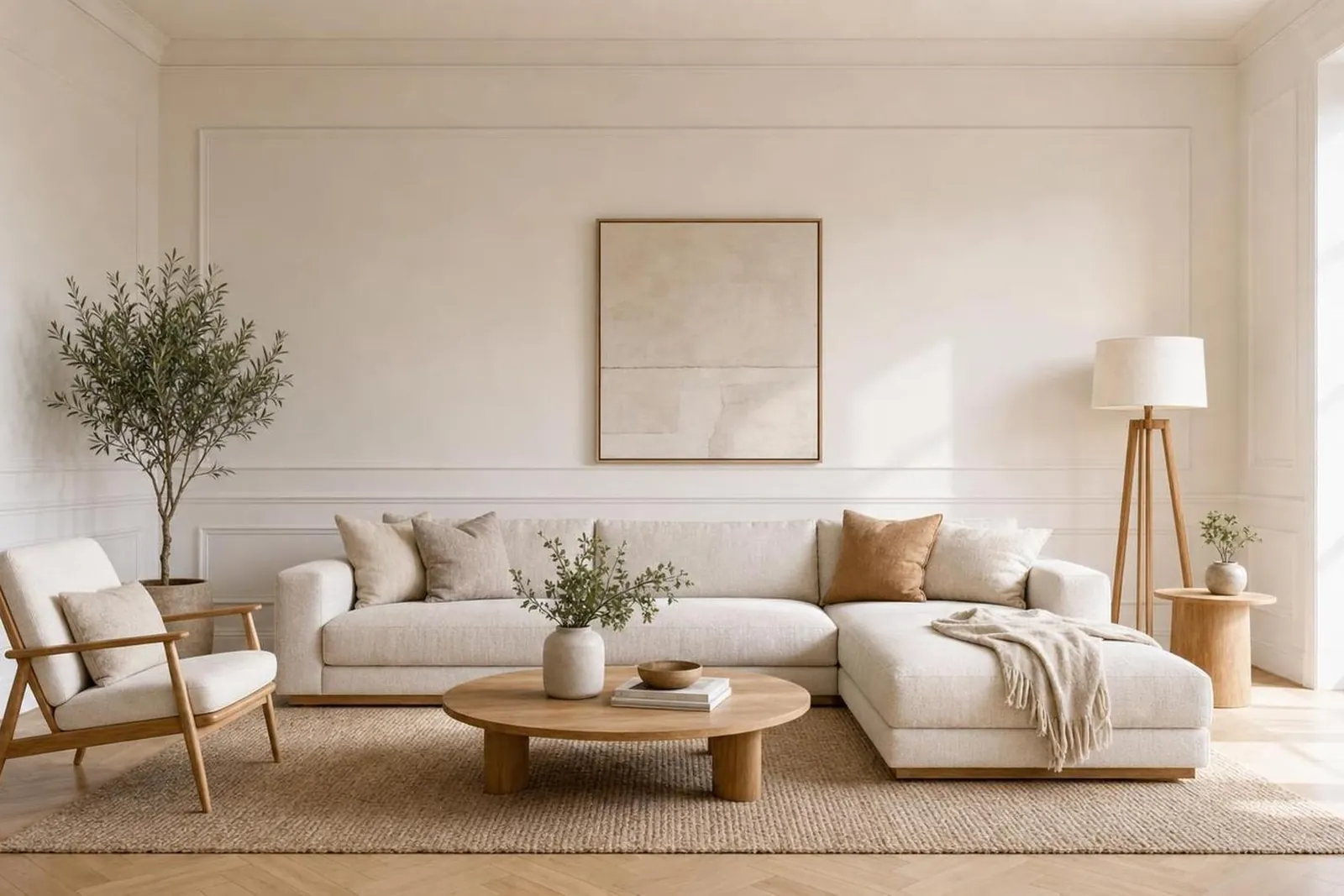 The same panelled living room, staged a second way, staged result in a natural light style